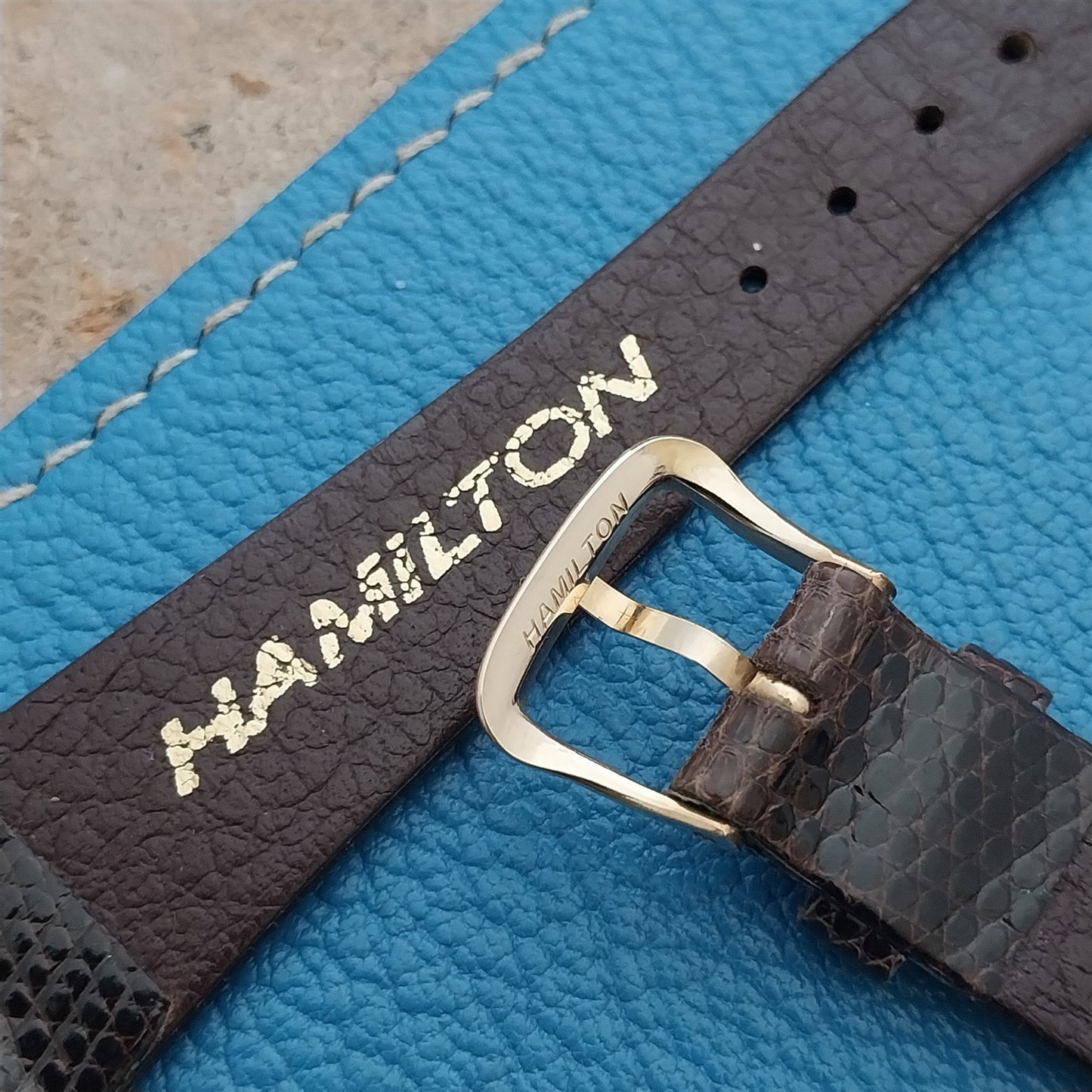 19mm Hamilton Lizard NOS Unused Vintage Watch Strap & Gold Logo Buckle