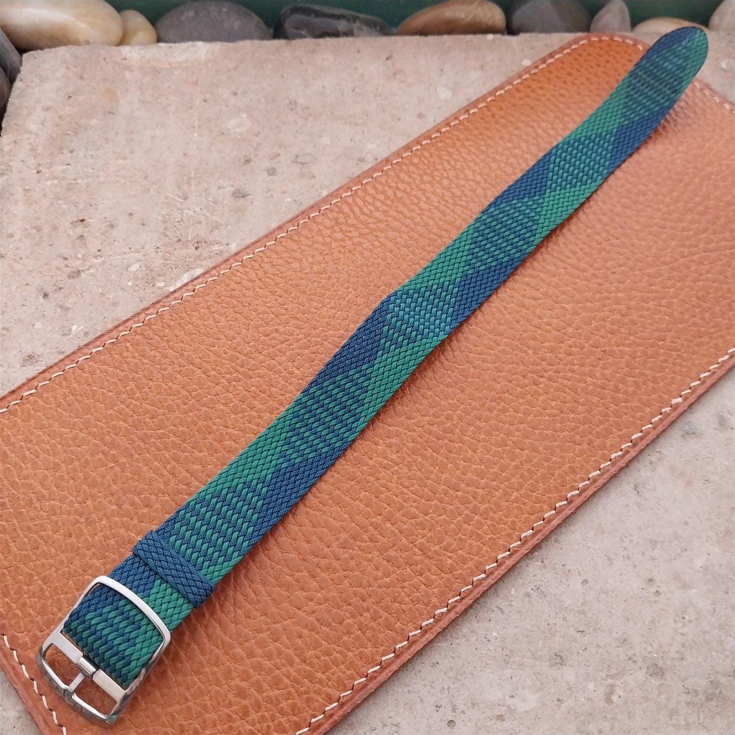 Eulit Perlon 18mm Green & Blue 1960s Single Pass Vintage Field Watch Strap