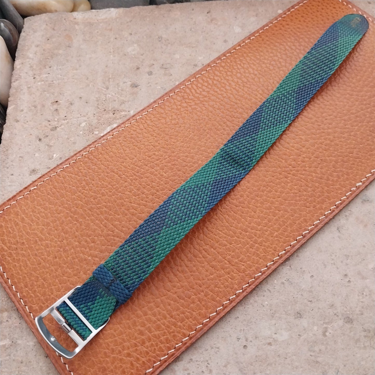 Eulit Perlon 18mm Green & Blue 1960s Single Pass Vintage Field Watch Strap