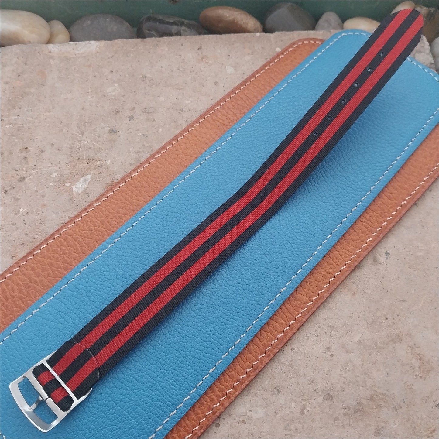Vintage 20mm Perlon Black & Red Striped Single Pass 1960s Unused Watch Strap