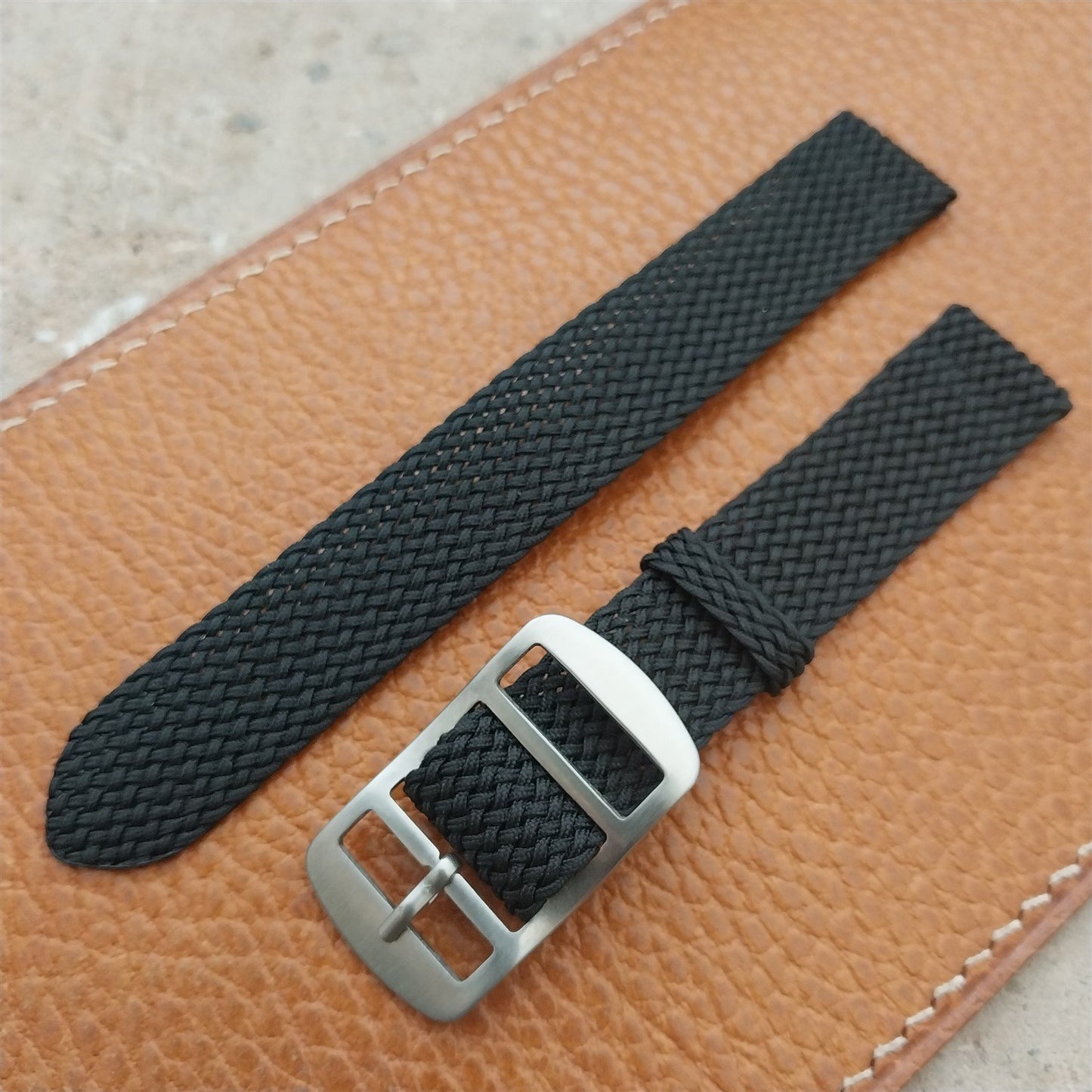 16mm Braided Black Perlon Swiss 2-Piece Unused 1960s Vintage Field Watch Strap
