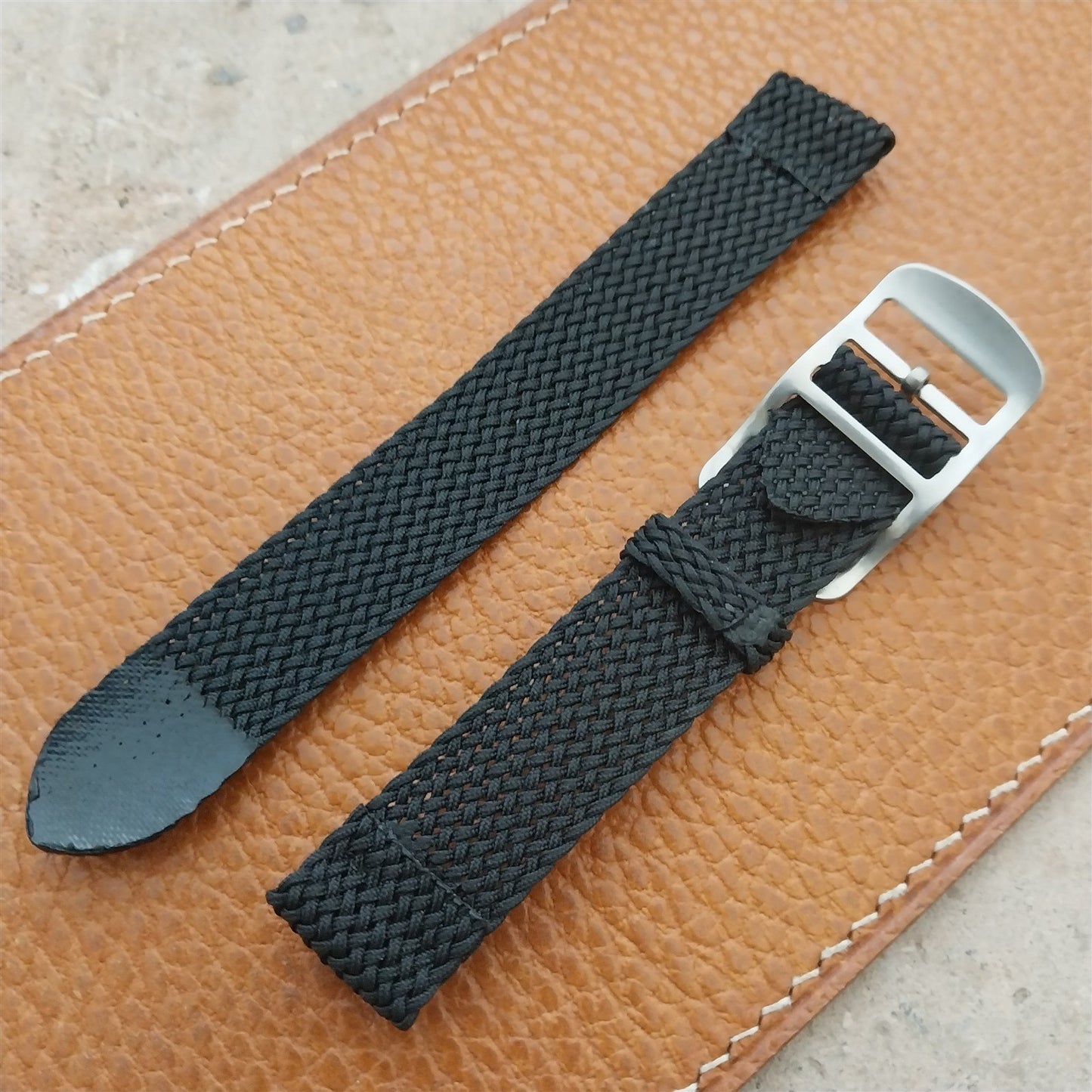 16mm Braided Black Perlon Swiss 2-Piece Unused 1960s Vintage Field Watch Strap