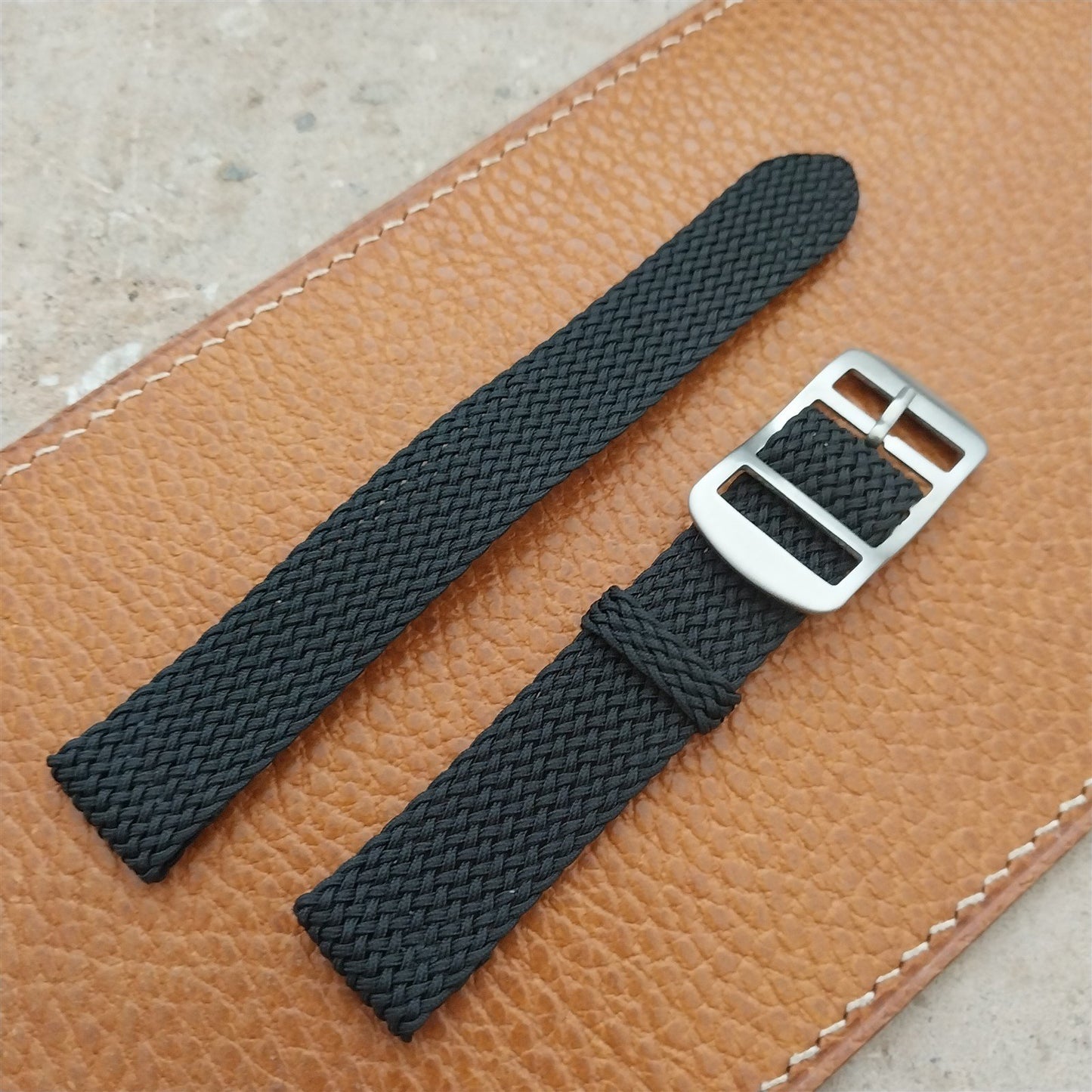 16mm Braided Black Perlon Swiss 2-Piece Unused 1960s Vintage Field Watch Strap