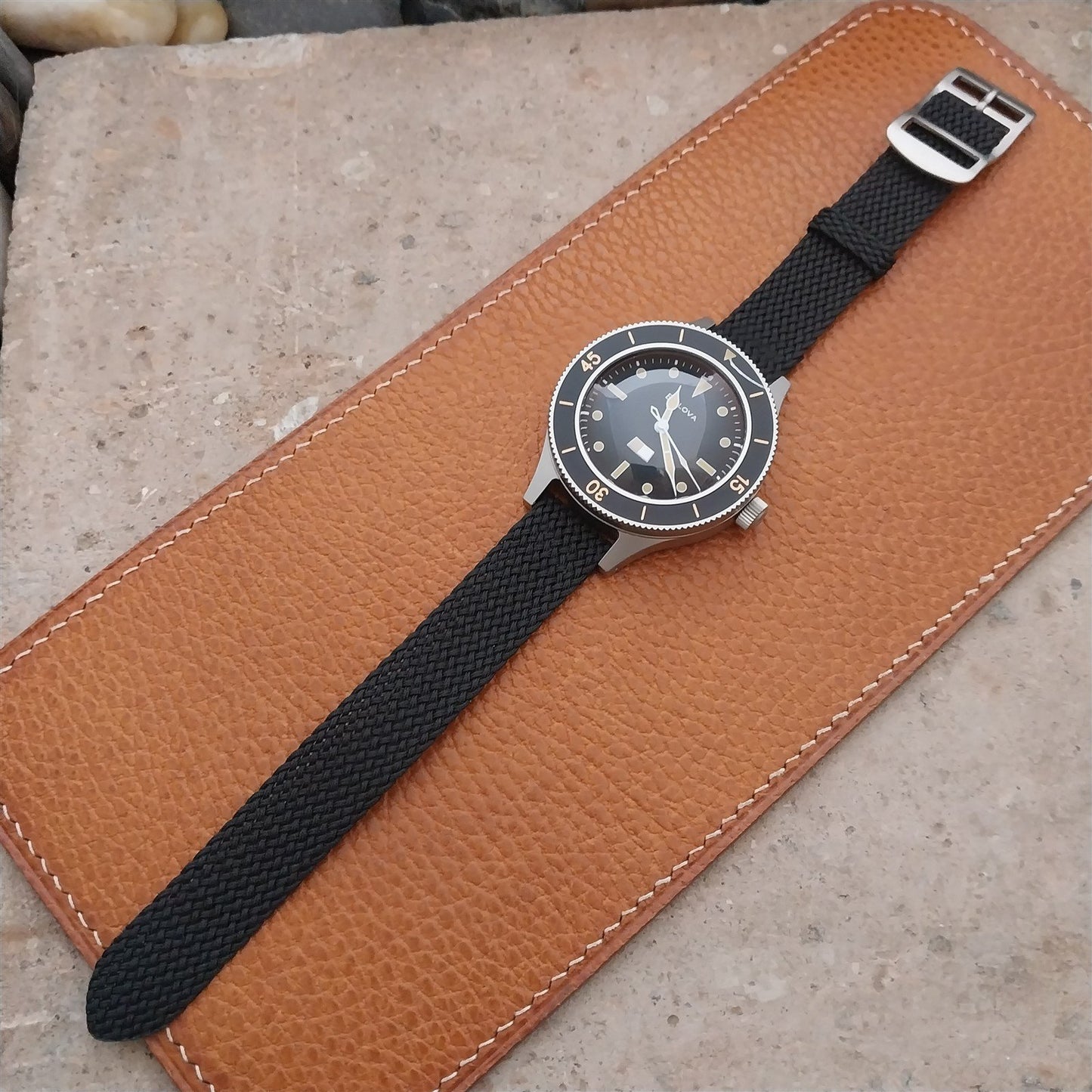 16mm Braided Black Perlon Swiss 2-Piece Unused 1960s Vintage Field Watch Strap