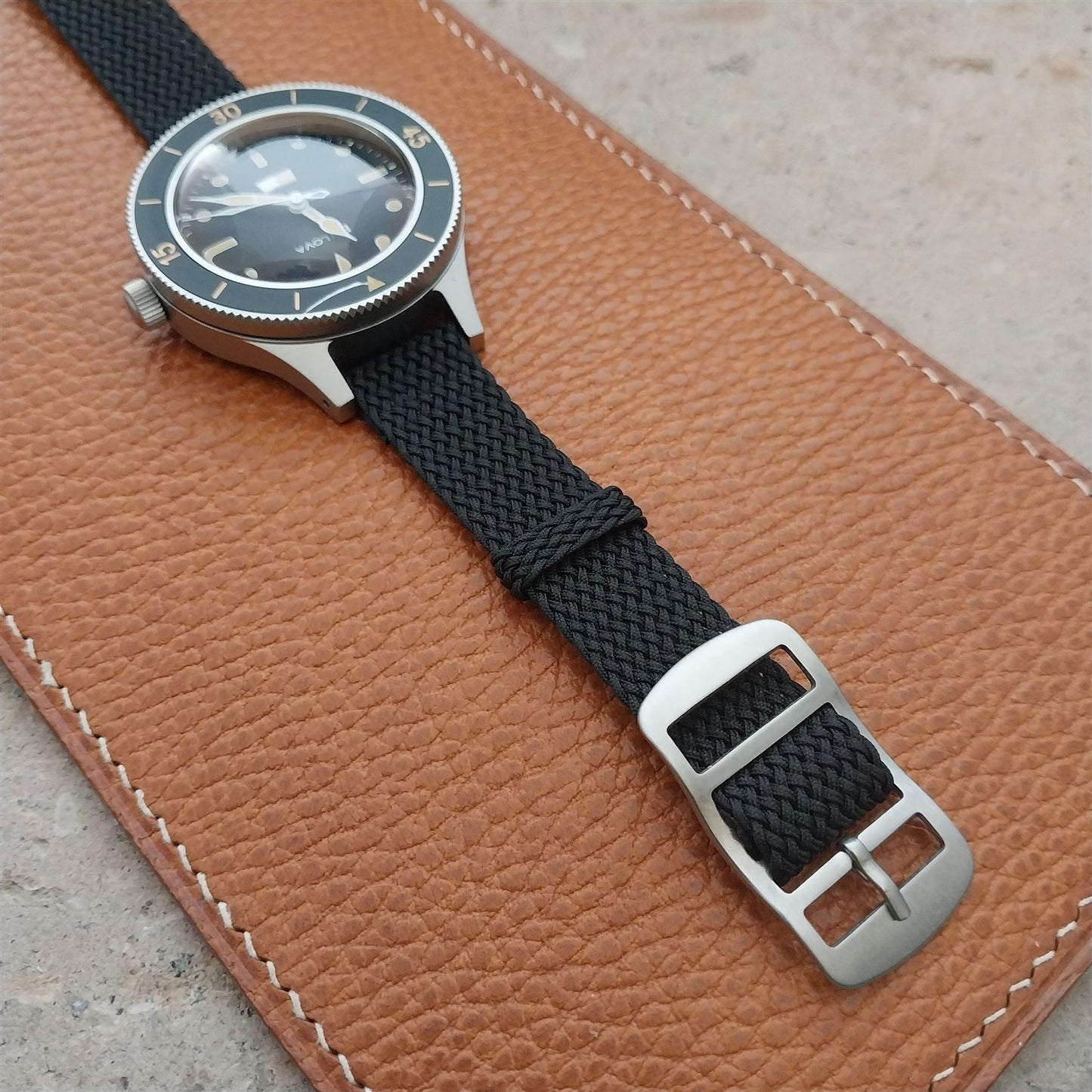 16mm Braided Black Perlon Swiss 2-Piece Unused 1960s Vintage Field Watch Strap