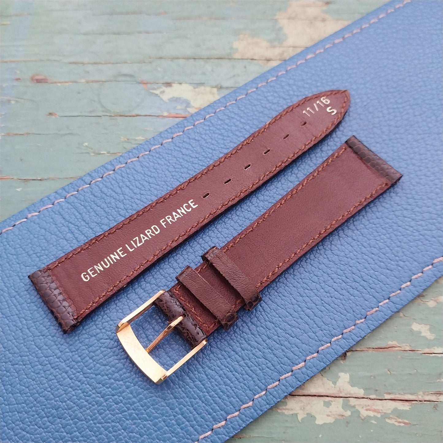 Vintage 17.2mm France Short Brown Lizard 1980s Classic Tapered Watch Strap