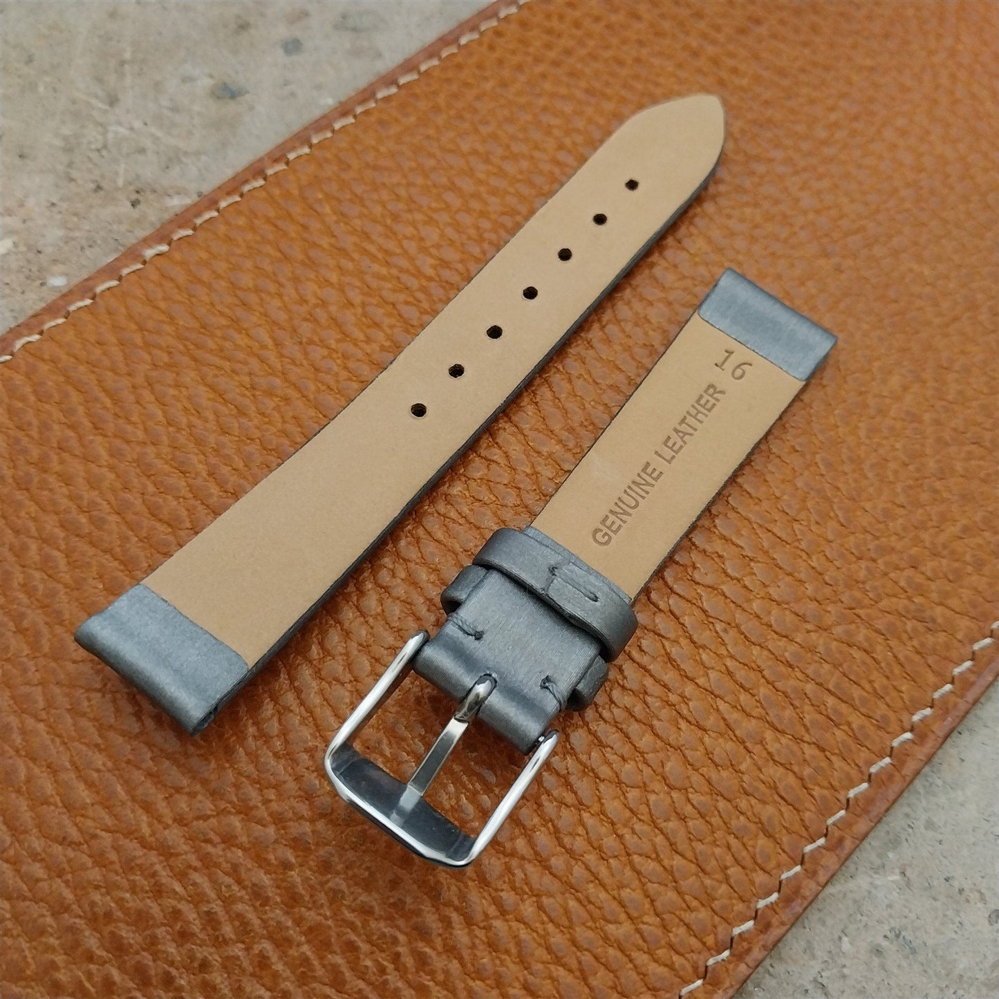 16mm Hadley-Roma Silver Satin Finish Leather Vintage Watch Strap