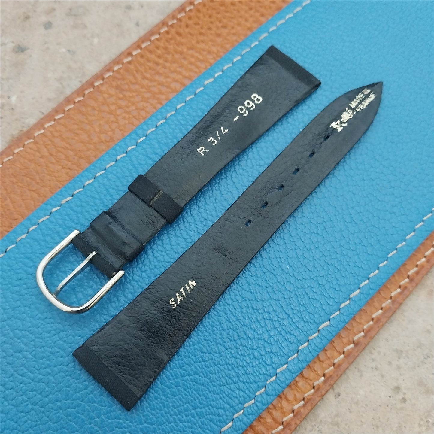 19mm Kalbe France Black Satin Tapered 1970s nos Vintage Watch Strap