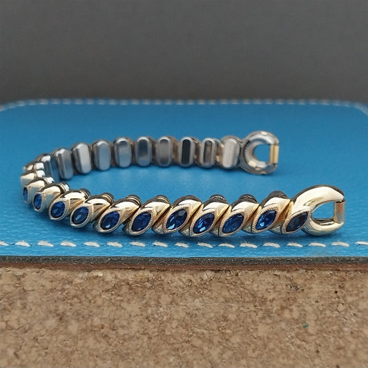 1950s Vintage Ladies Gold-Filled & Blue Rhinestone Bretton Cocktail Watch Band