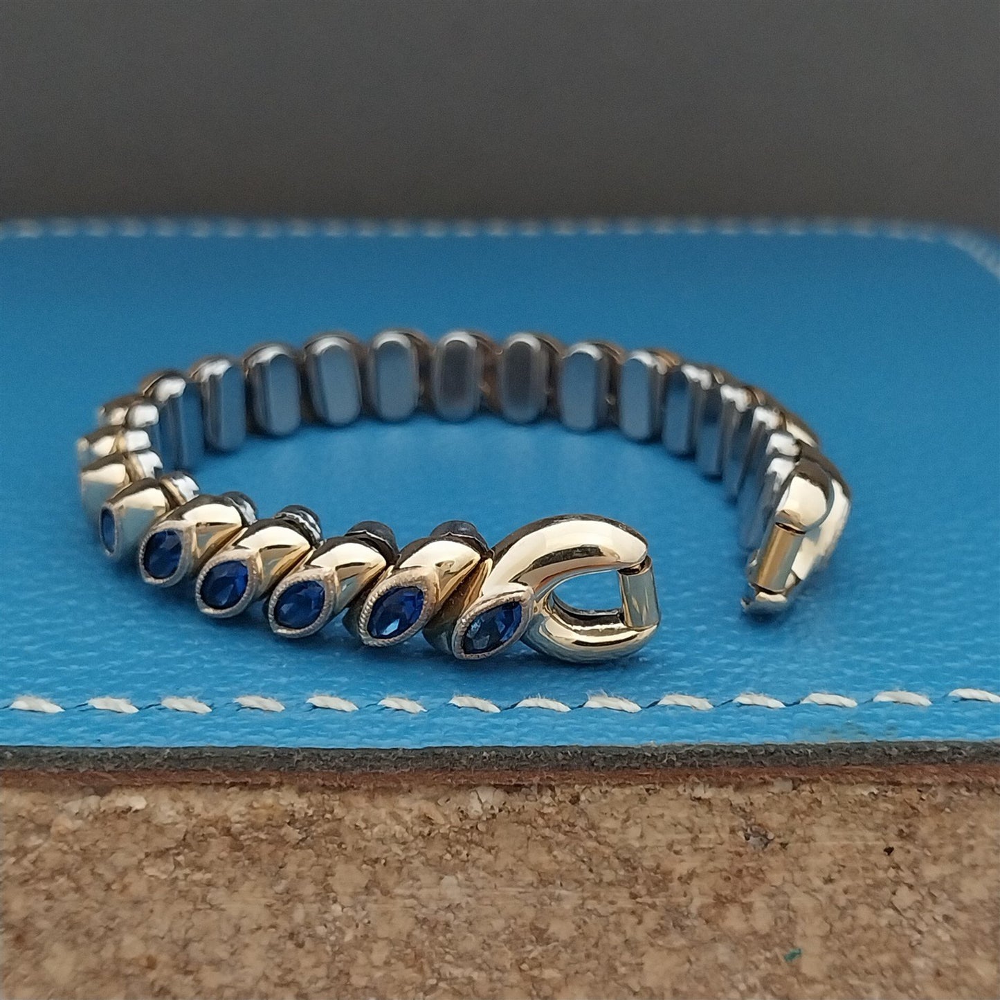 1950s Vintage Ladies Gold-Filled & Blue Rhinestone Bretton Cocktail Watch Band