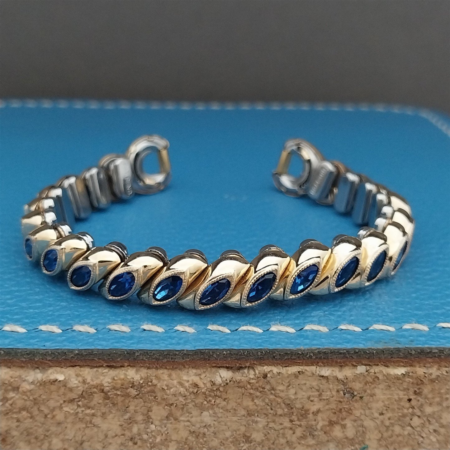 1950s Vintage Ladies Gold-Filled & Blue Rhinestone Bretton Cocktail Watch Band