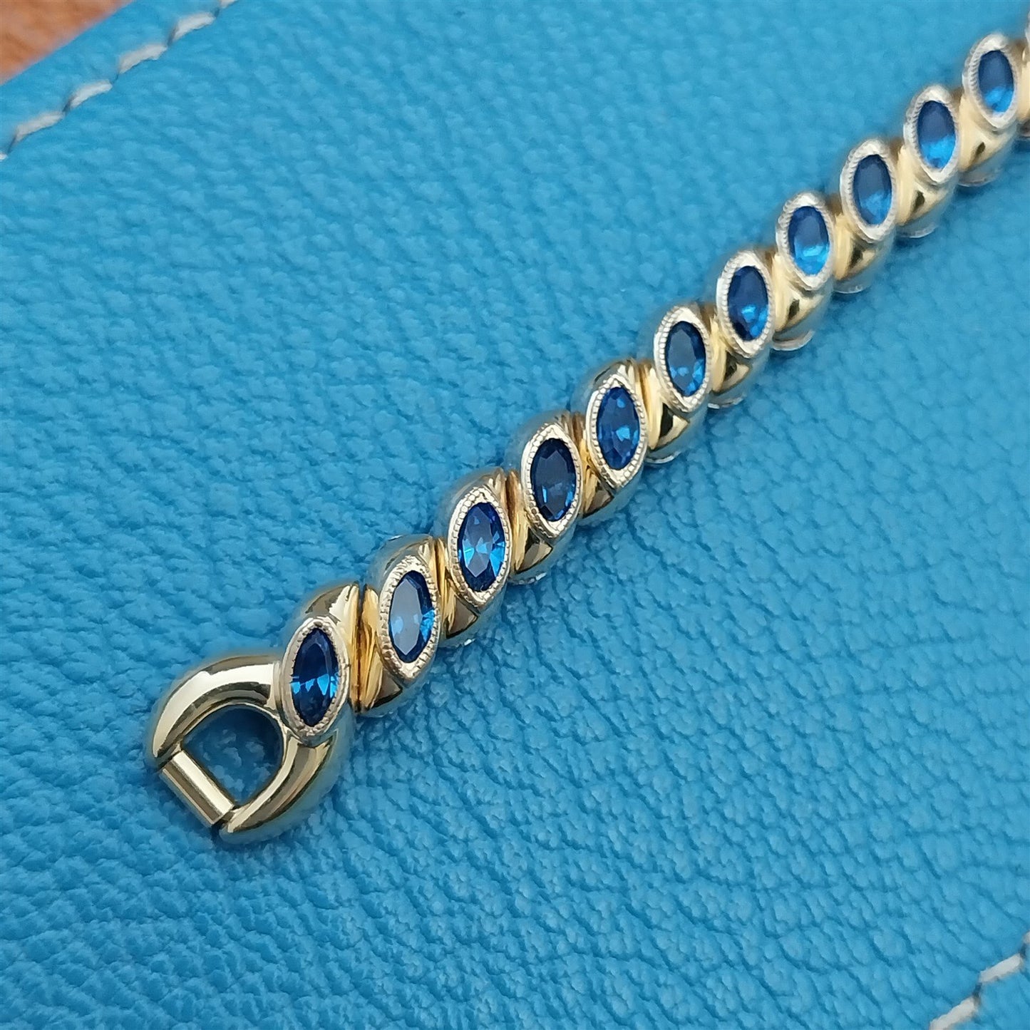 1950s Vintage Ladies Gold-Filled & Blue Rhinestone Bretton Cocktail Watch Band