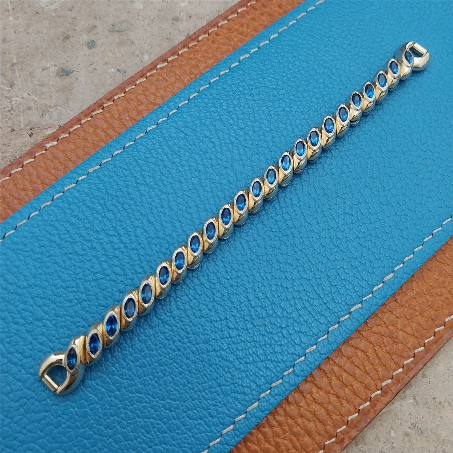 1950s Vintage Ladies Gold-Filled & Blue Rhinestone Bretton Cocktail Watch Band