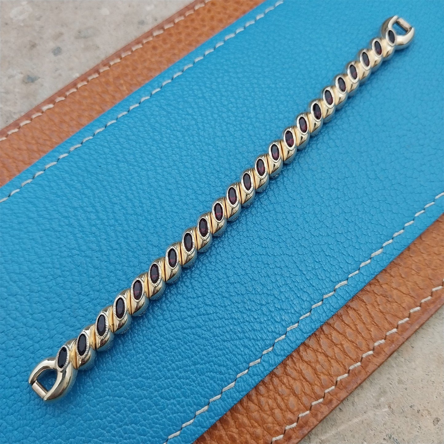 1950s Vintage Ladies Gold-Filled & Red Glass Bretton Cocktail Watch Band