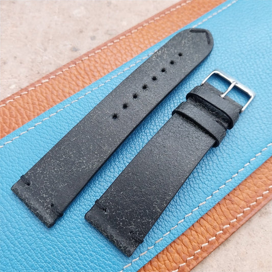 22mm Fleurus France Black Crust Leather Vintage Style Watch Strap