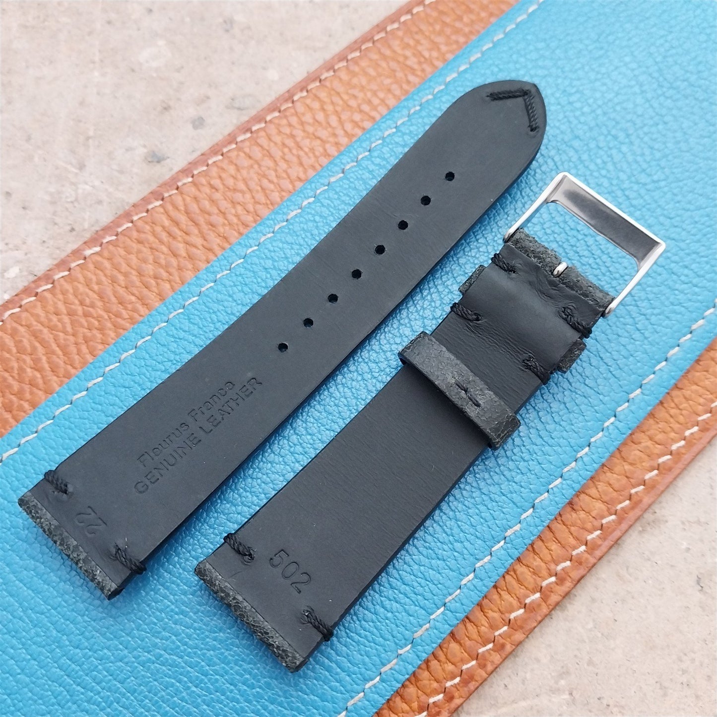 22mm Fleurus France Black Crust Leather Vintage Style Watch Strap