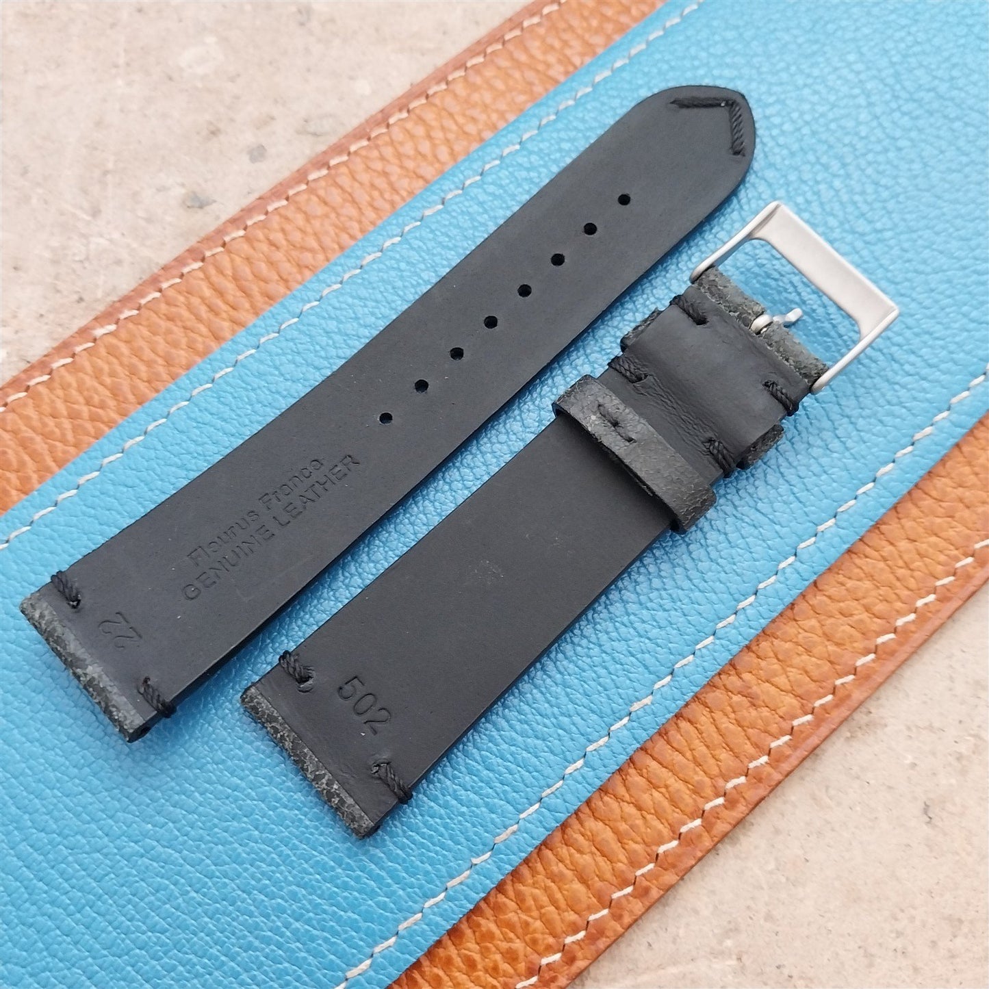 22mm Fleurus France Black Crust Leather Vintage Style Watch Strap