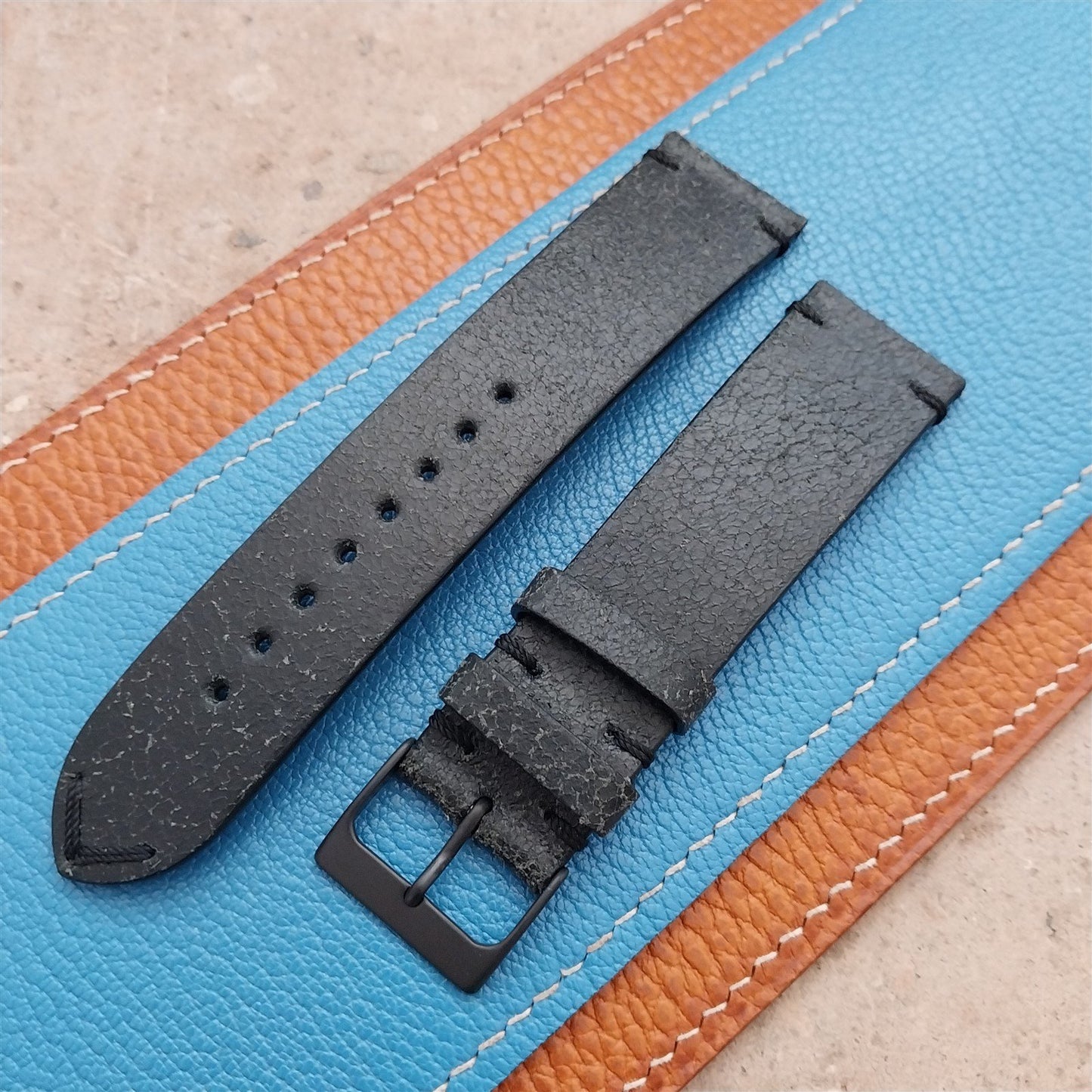 22mm Fleurus France Black Crust Leather Vintage Style Watch Strap