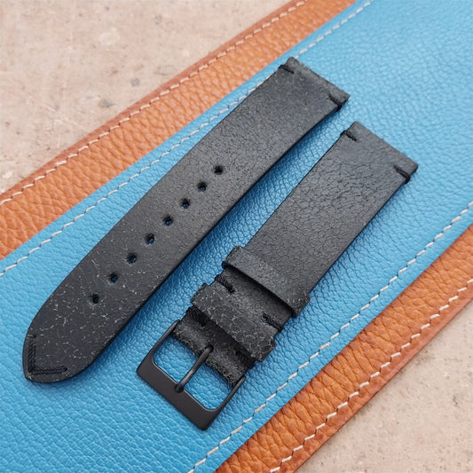 22mm Fleurus France Black Crust Leather Vintage Style Watch Strap