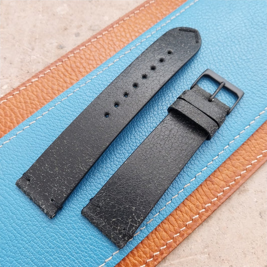 22mm Fleurus France Black Crust Leather Vintage Style Watch Strap