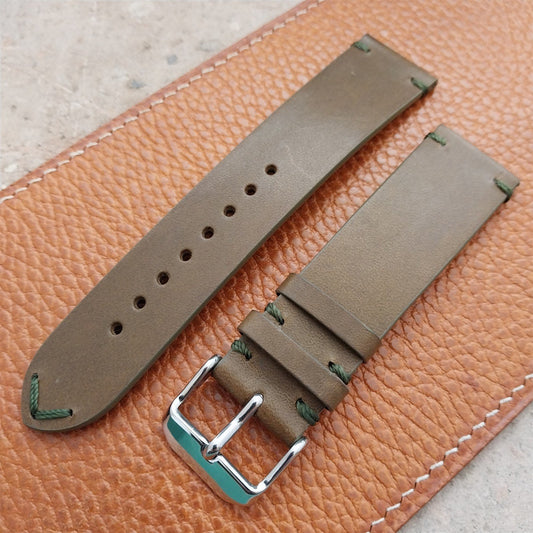 22mm Fleurus France Green Leather 2-Stitch Vintage Style Watch Strap