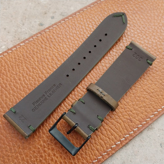 22mm Fleurus France Green Leather 2-Stitch Vintage Style Watch Strap