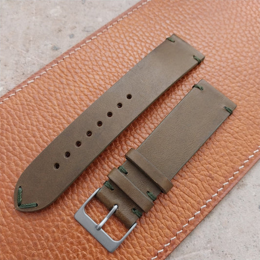 22mm Fleurus France Green Leather 2-Stitch Vintage Style Watch Strap