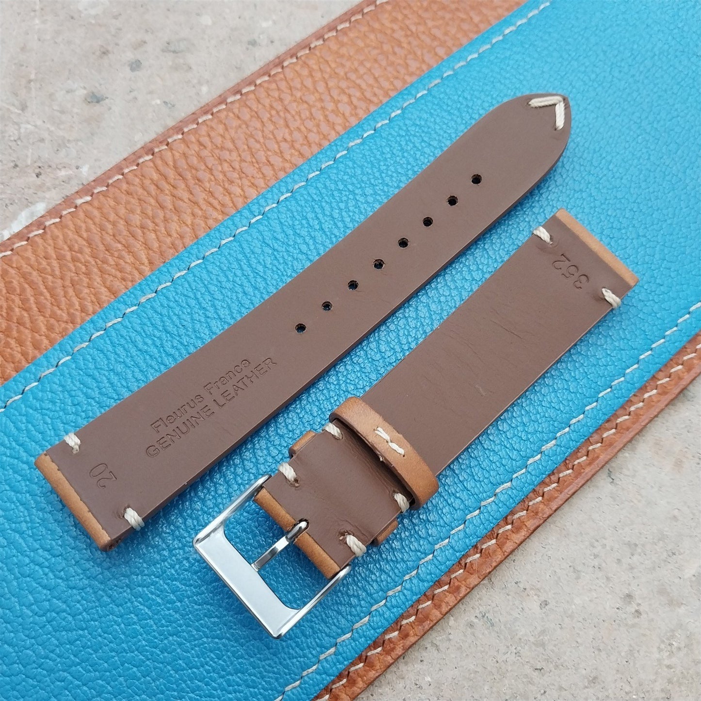 20mm Fleurus France Tan Leather 2-Stitch Vintage Style Watch Strap