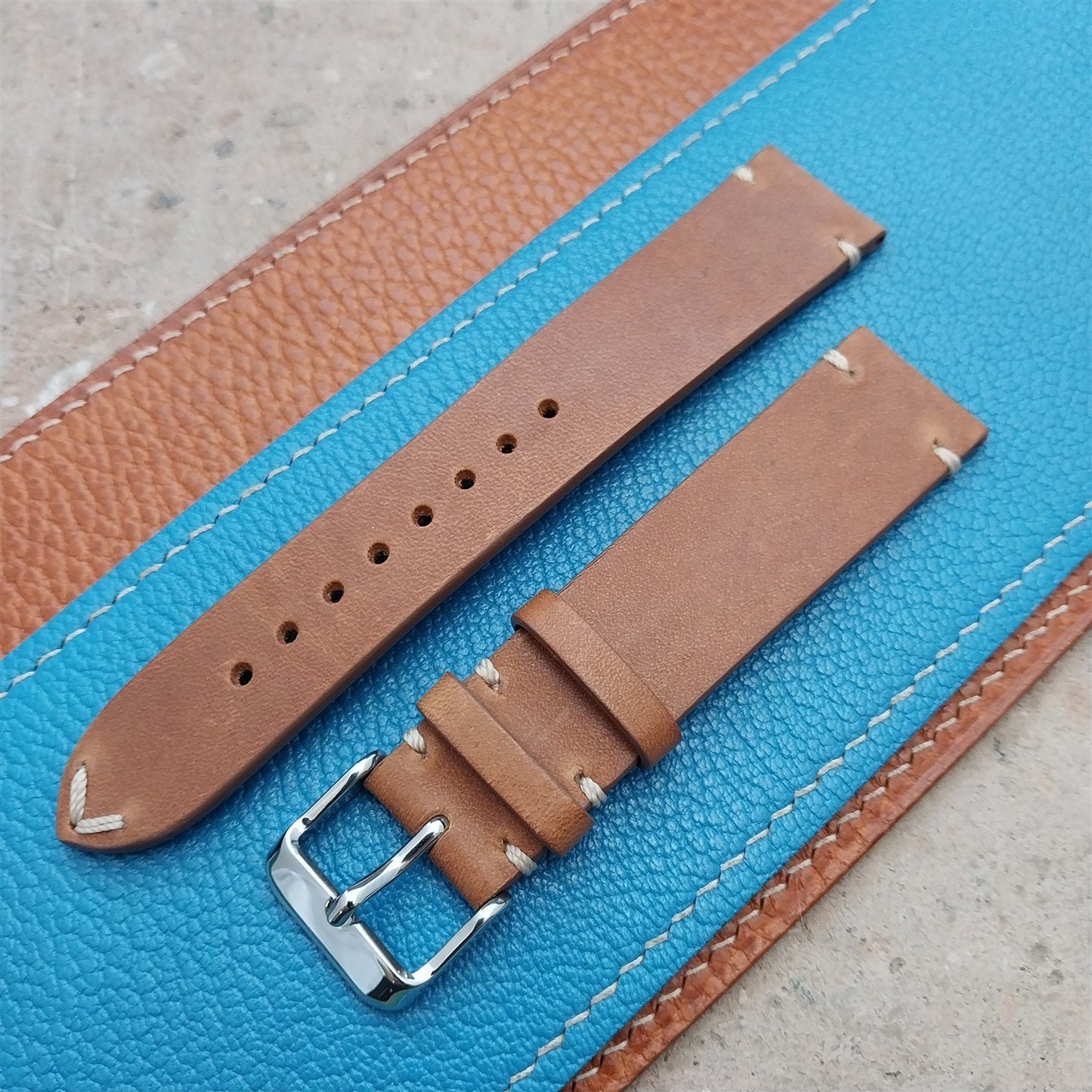 20mm Fleurus France Tan Leather 2-Stitch Vintage Style Watch Strap