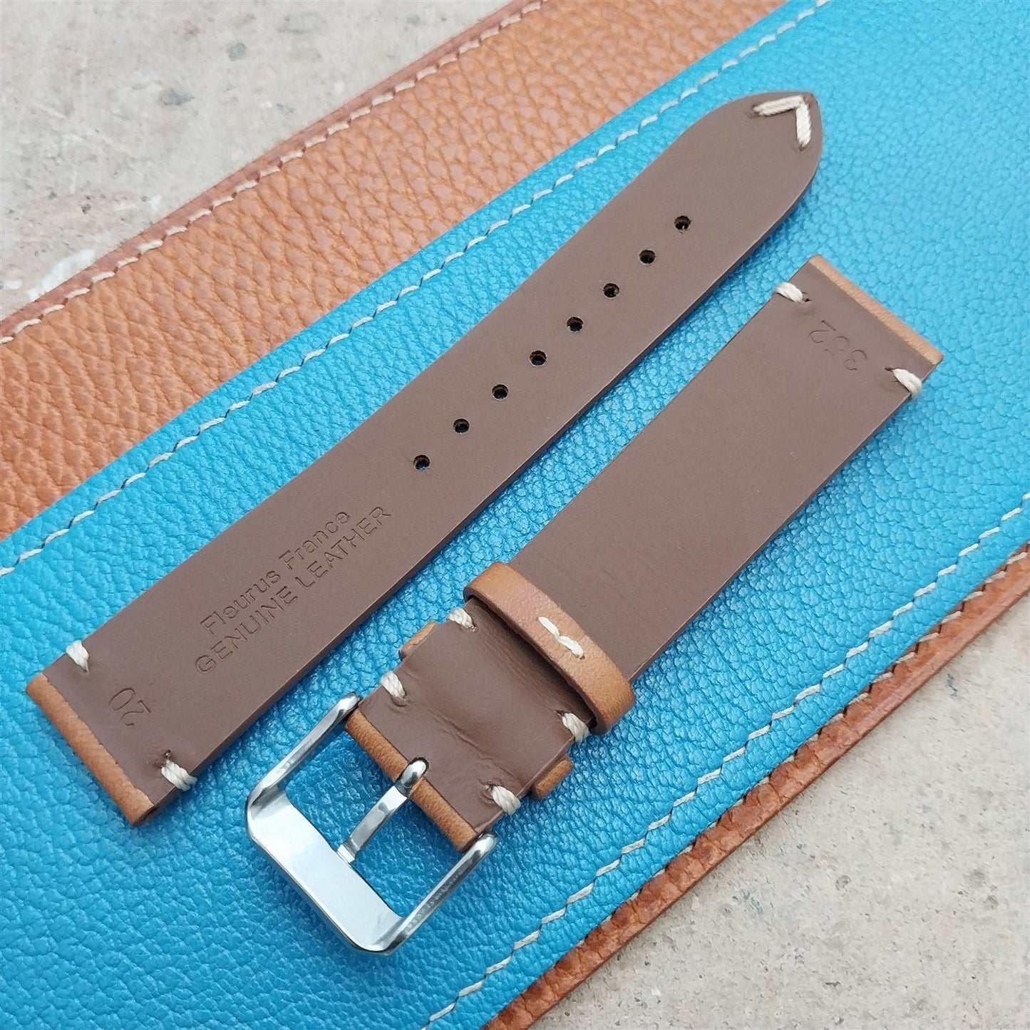 20mm Fleurus France Tan Leather 2-Stitch Vintage Style Watch Strap