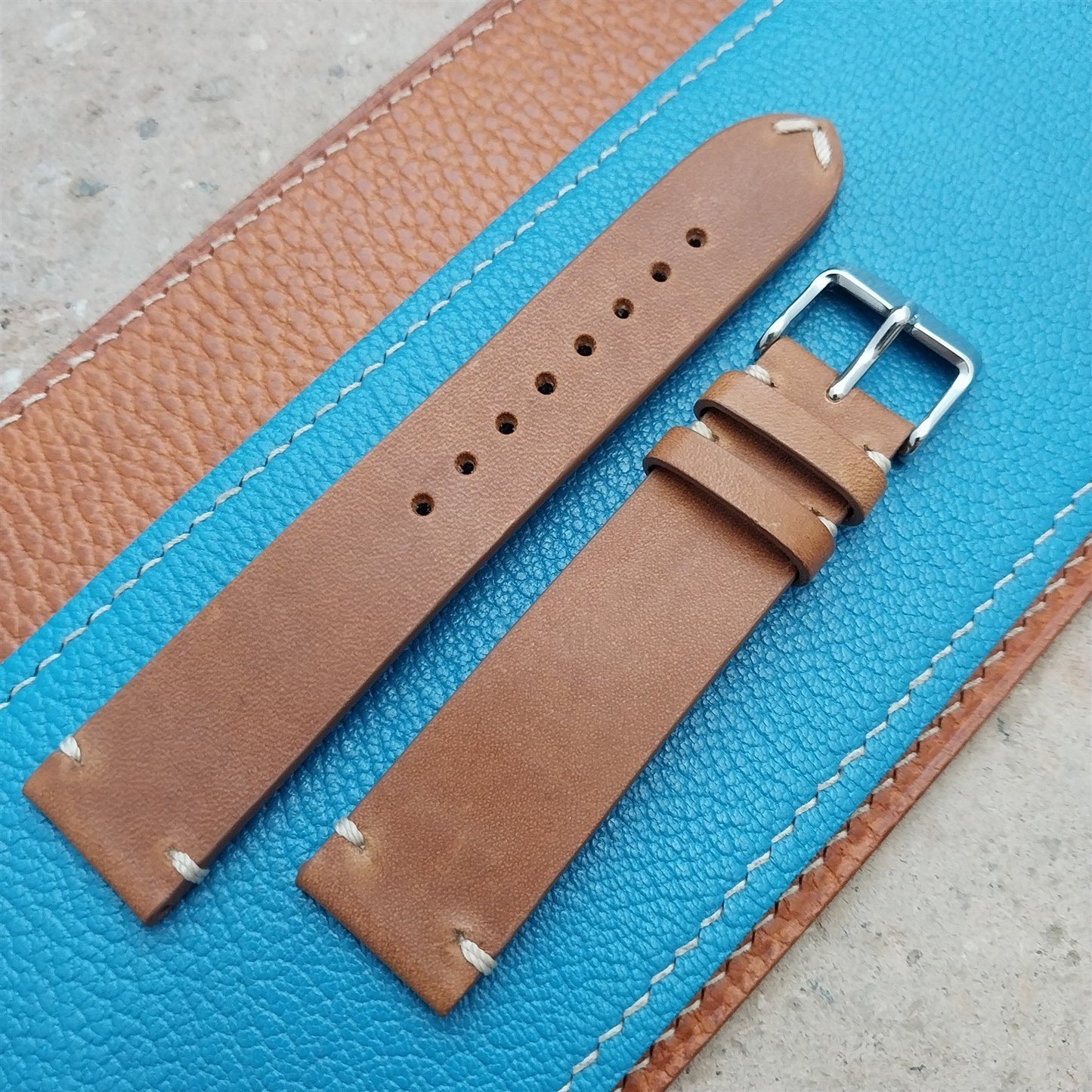 20mm Fleurus France Tan Leather 2-Stitch Vintage Style Watch Strap