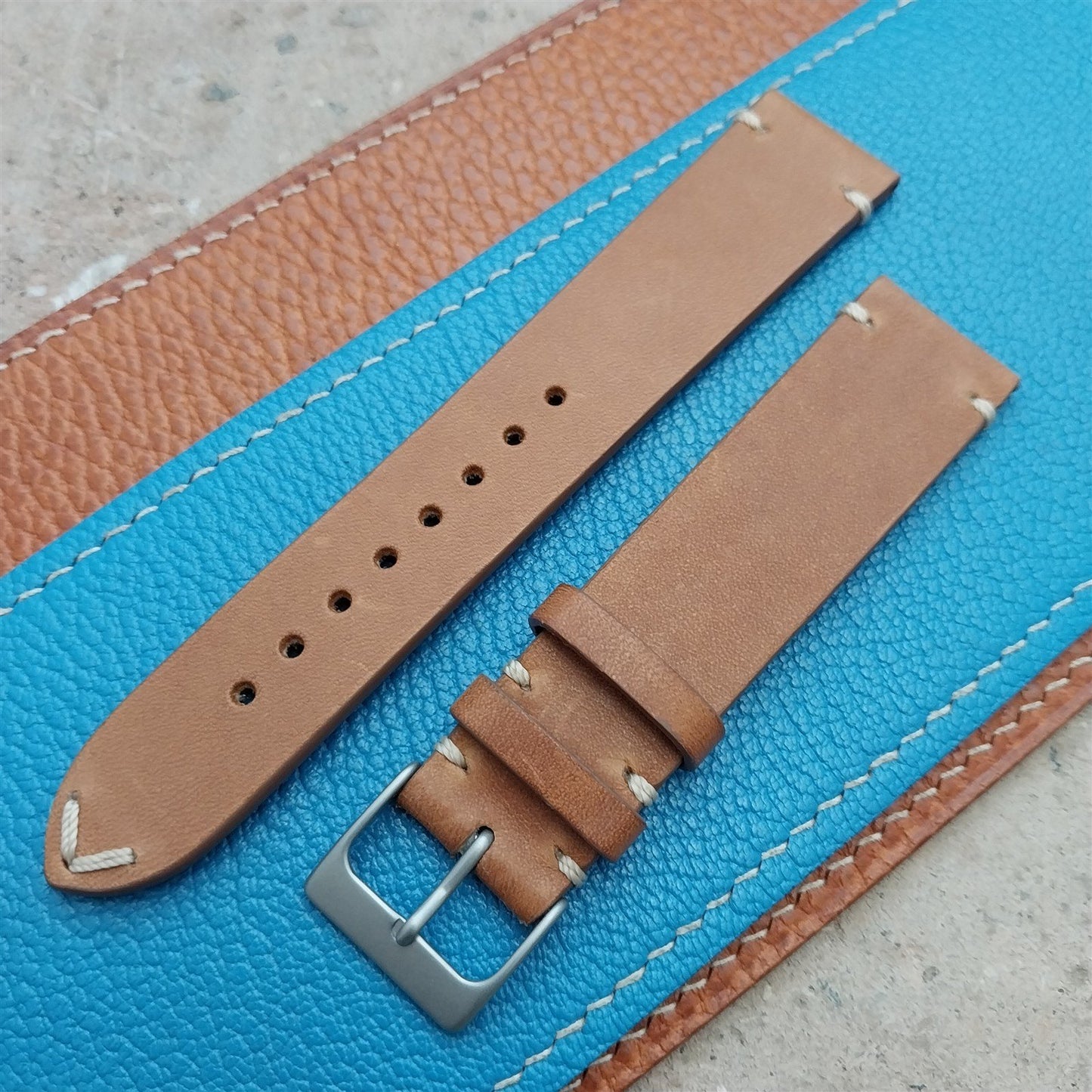 20mm Fleurus France Tan Leather 2-Stitch Vintage Style Watch Strap