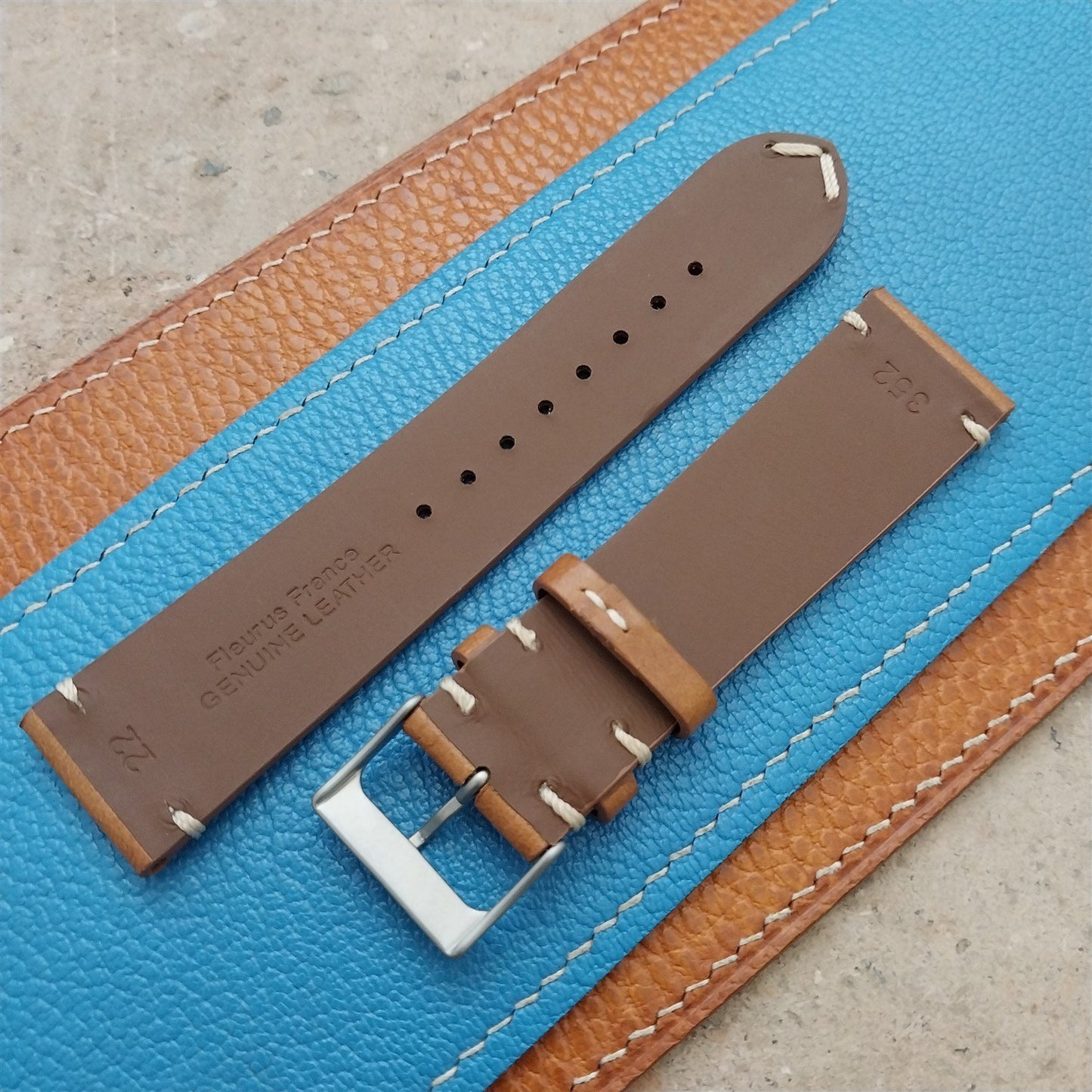 22mm Fleurus France Tan Leather 2-Stitch Vintage Style Watch Strap