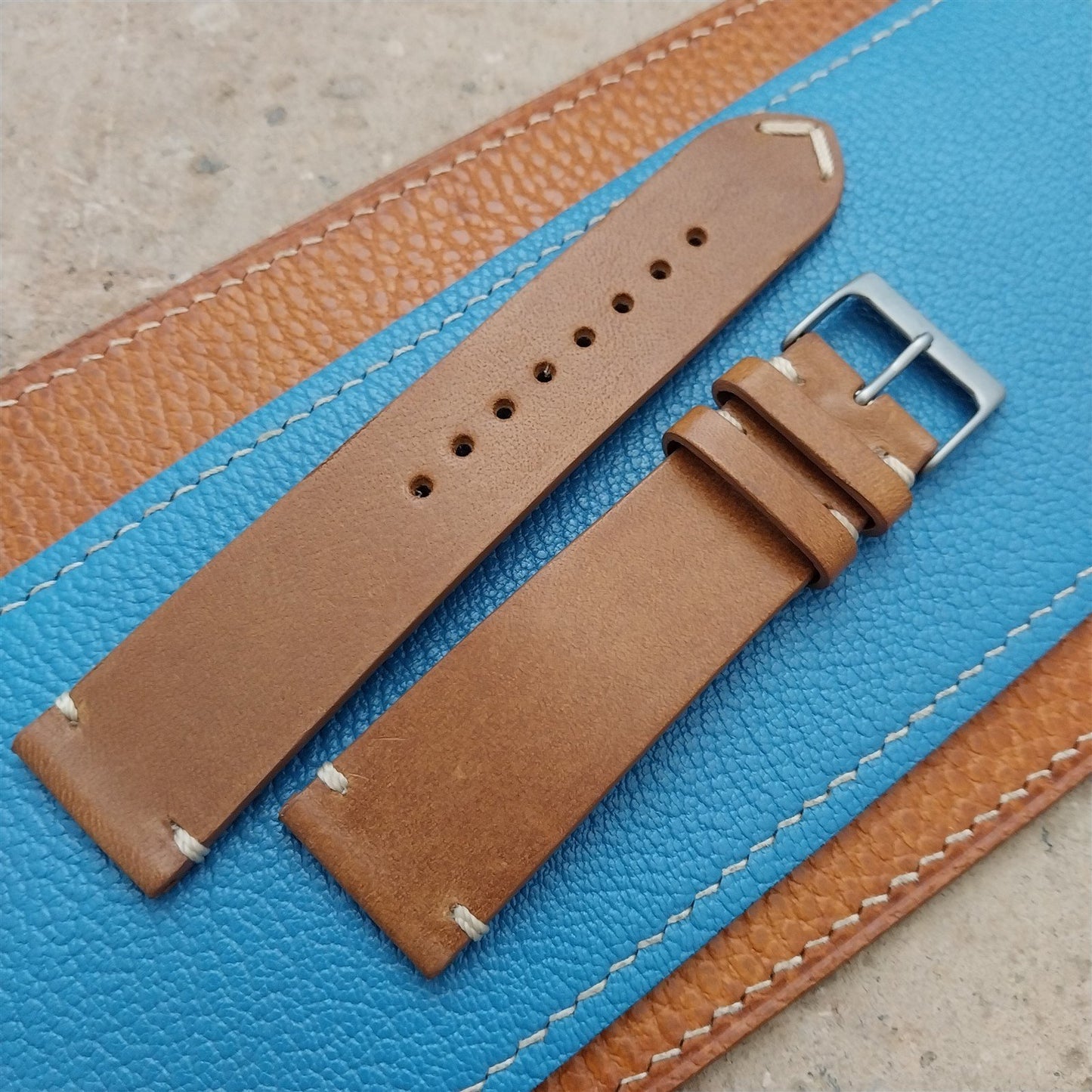 22mm Fleurus France Tan Leather 2-Stitch Vintage Style Watch Strap