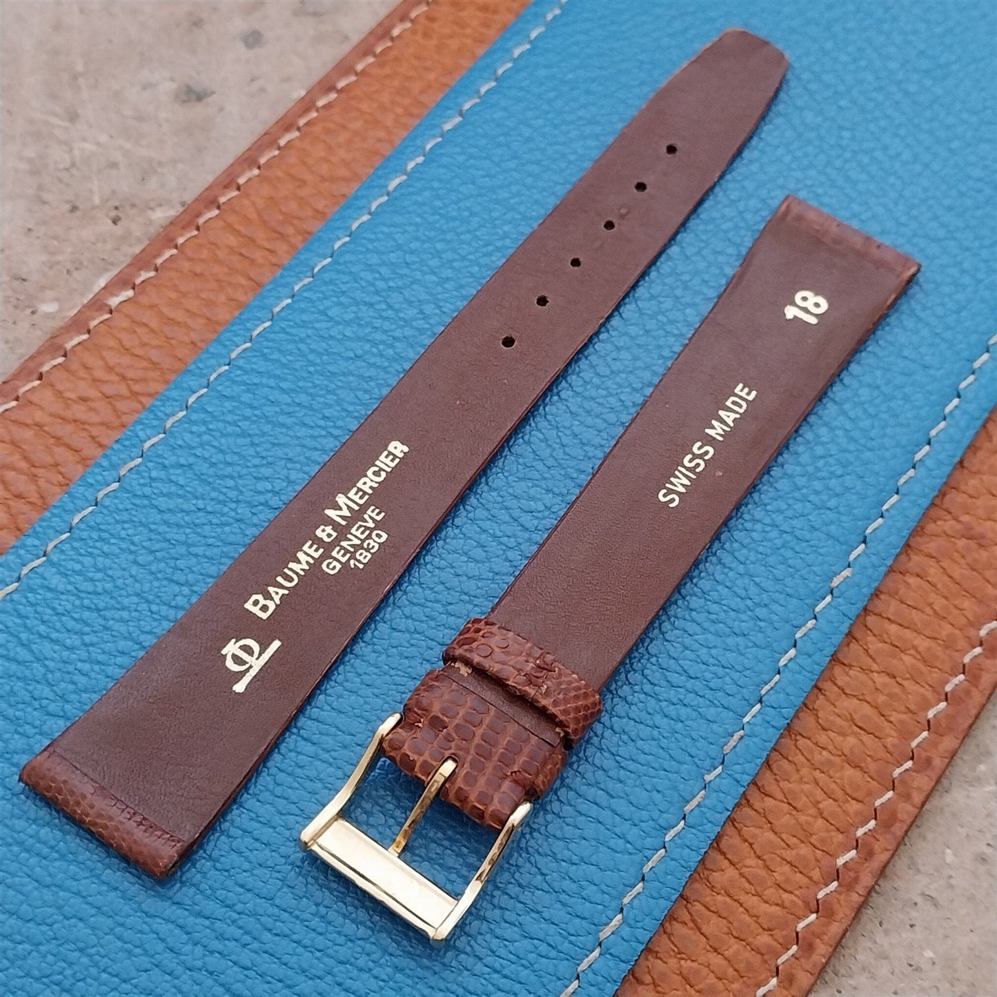 Vintage 18mm Baume Mercier Long Lizard Watch Strap & Logo Buckle