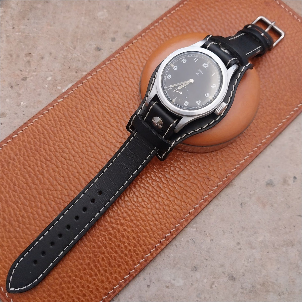 18mm Black Leather Bund Aviator Pilot Watch Strap