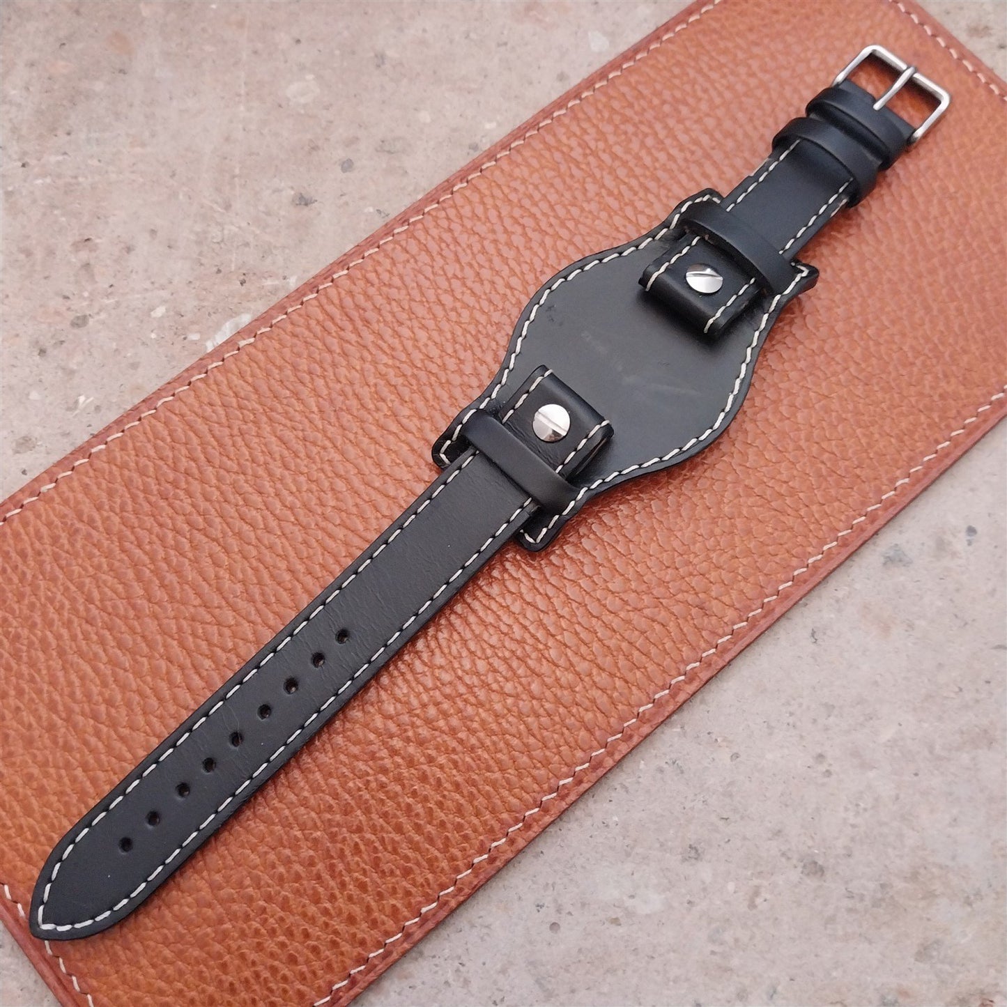 18mm Black Leather Bund Aviator Pilot Watch Strap