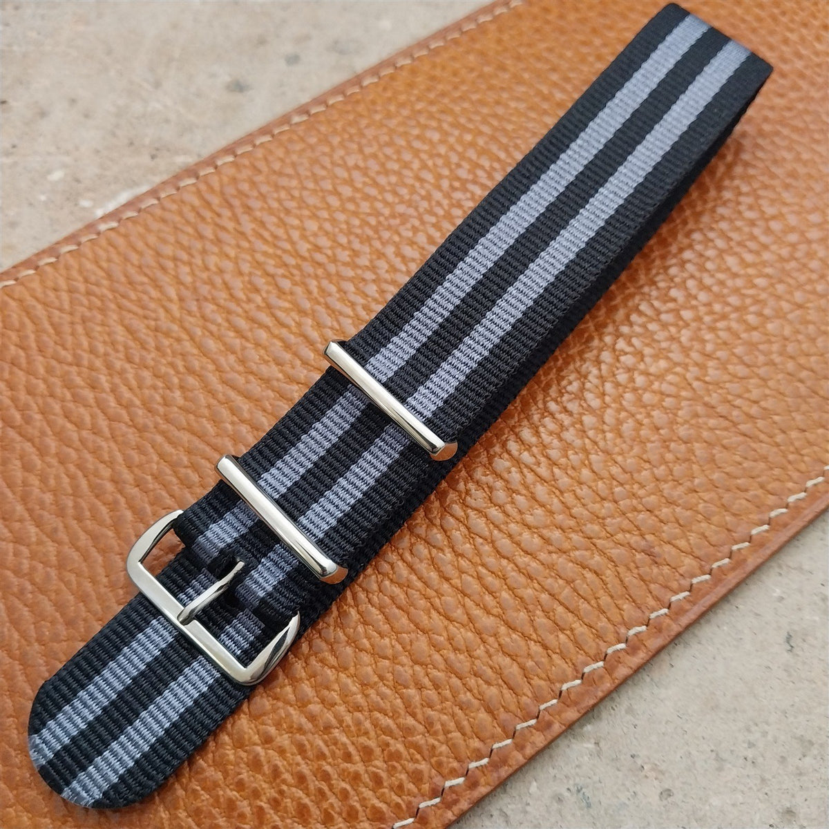 20mm Black & Gray Striped Nylon Single Pass Watch Strap
