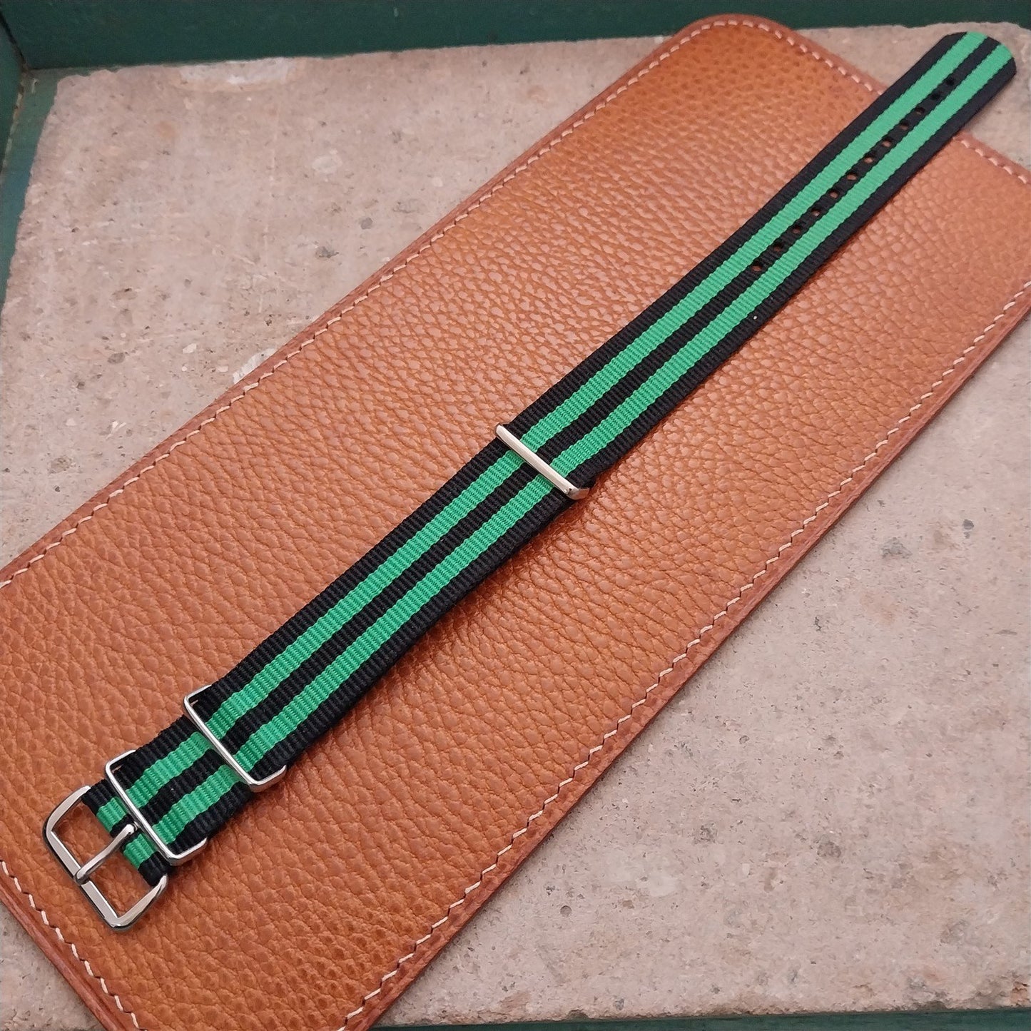 20mm Black & Green Striped Nylon Single Pass Watch Strap