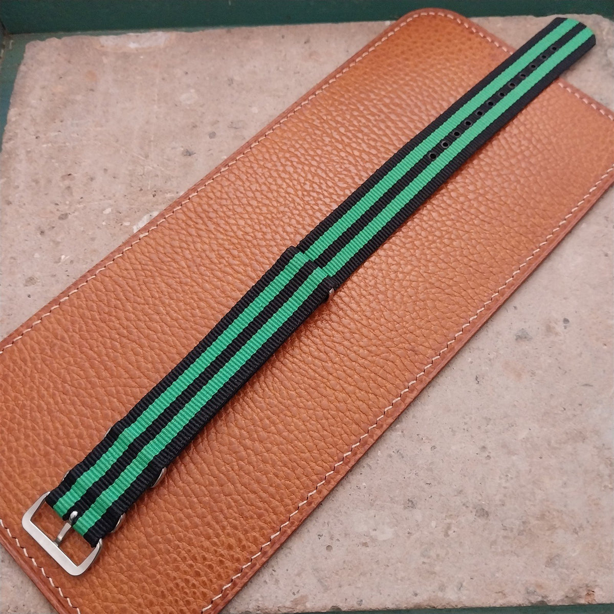 20mm Black & Green Striped Nylon Single Pass Watch Strap