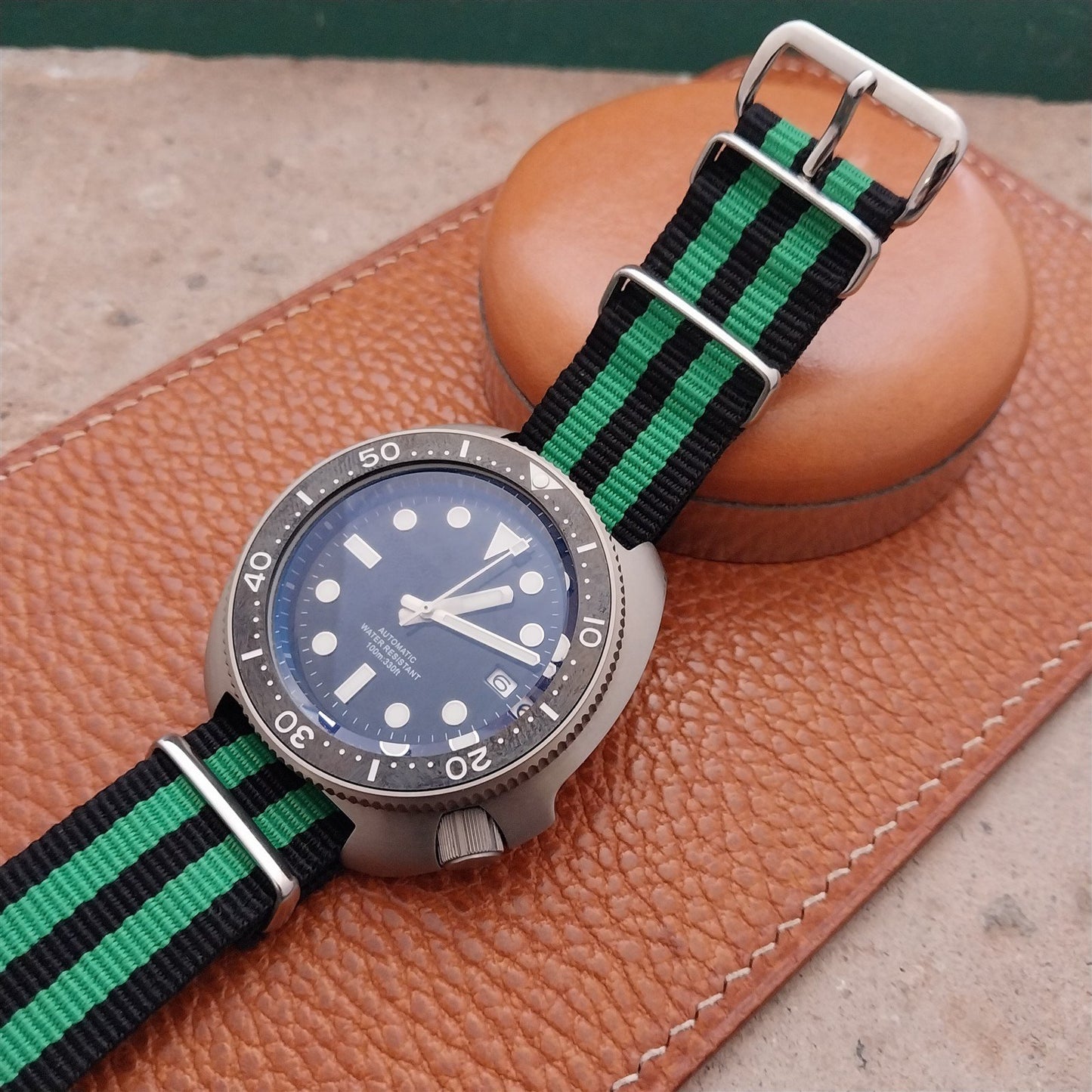 20mm Black & Green Striped Nylon Single Pass Watch Strap