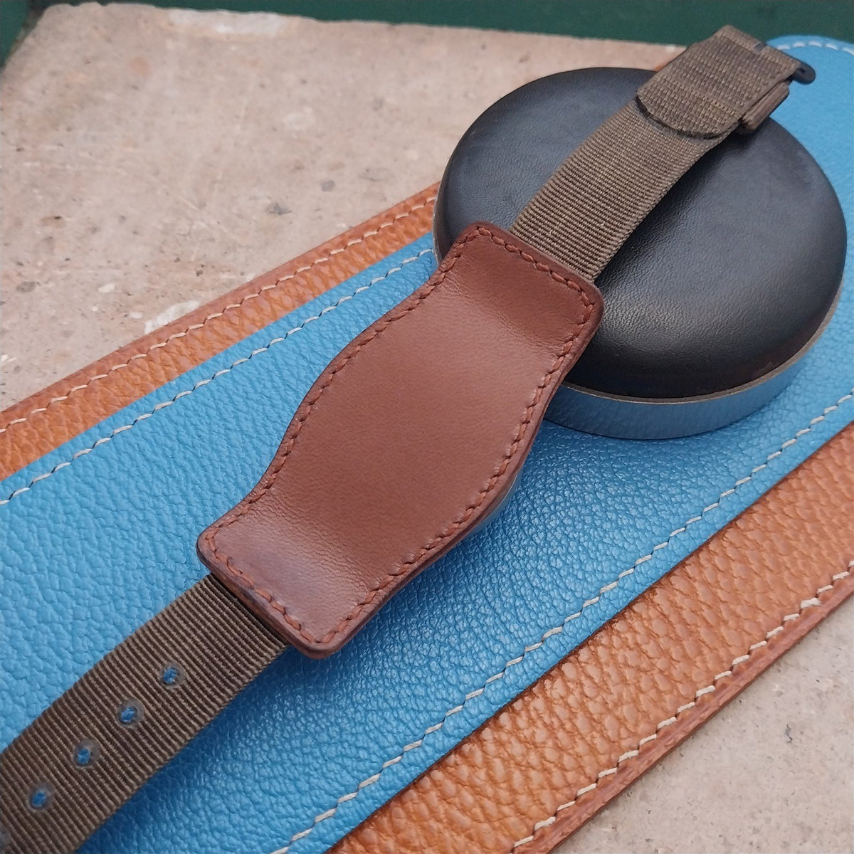 Vintage Style Leather Slip-Thru Pad & 16mm NOS USGI Nylon Watch Strap