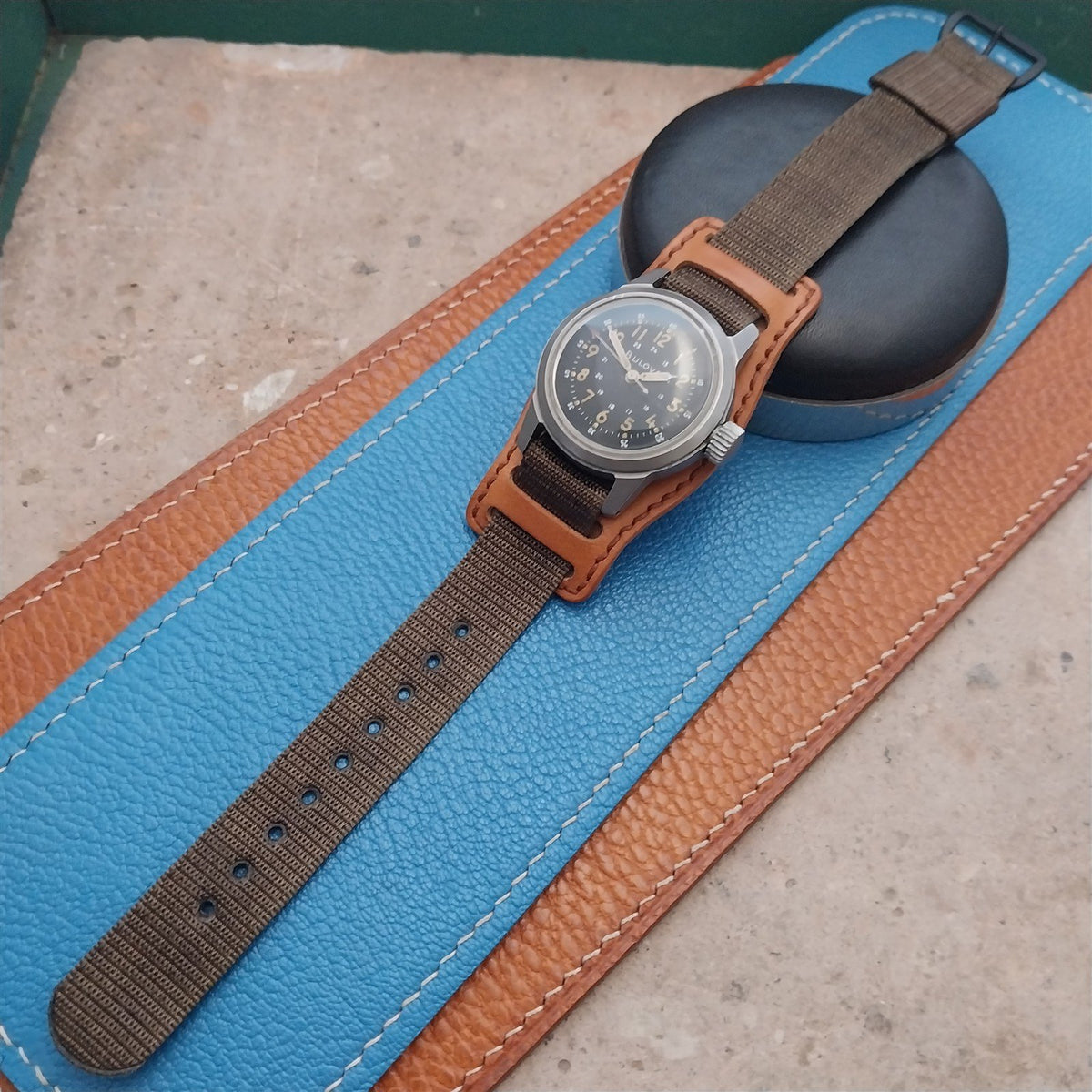 Vintage Style Leather Slip-Thru Pad & 16mm NOS USGI Nylon Watch Strap