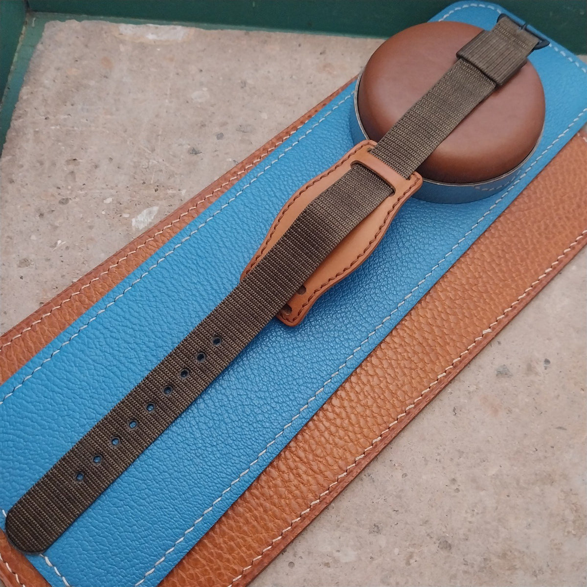Vintage Style Leather Slip-Thru Pad & 16mm NOS USGI Nylon Watch Strap