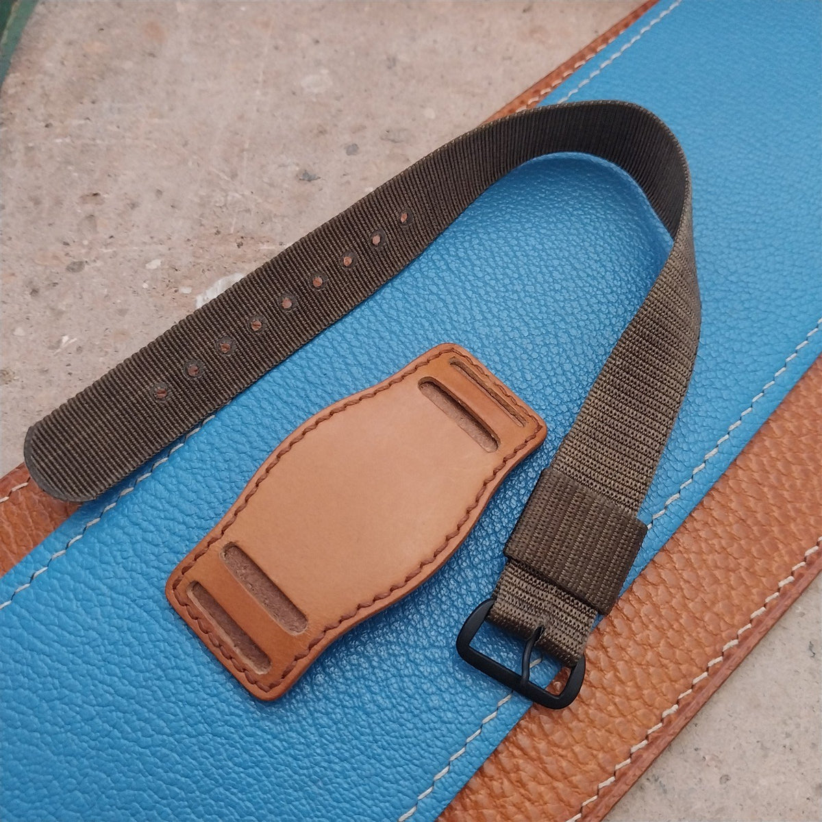 Vintage Style Leather Slip-Thru Pad & 16mm NOS USGI Nylon Watch Strap