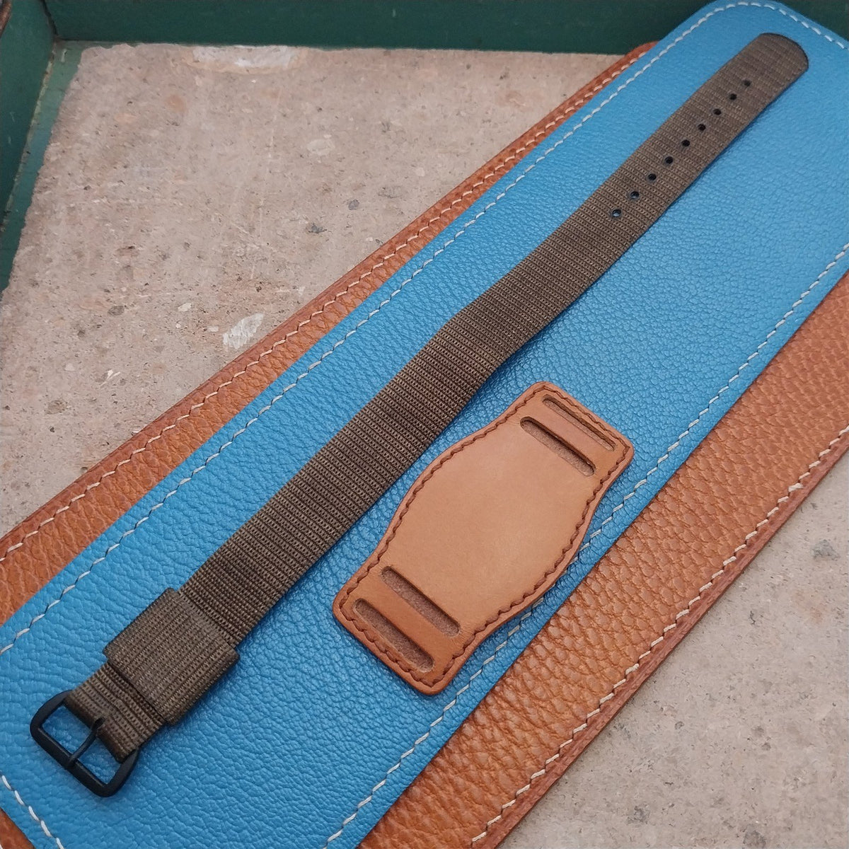 Vintage Style Leather Slip-Thru Pad & 16mm NOS USGI Nylon Watch Strap