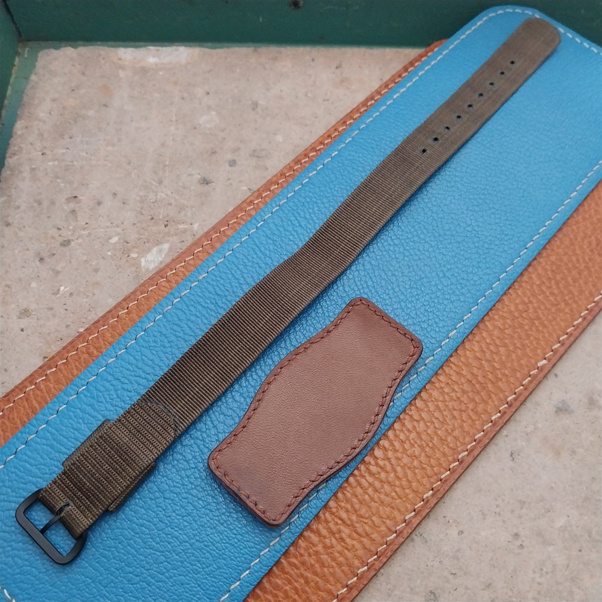 Vintage Style Leather Slip-Thru Pad & 16mm NOS USGI Nylon Watch Strap