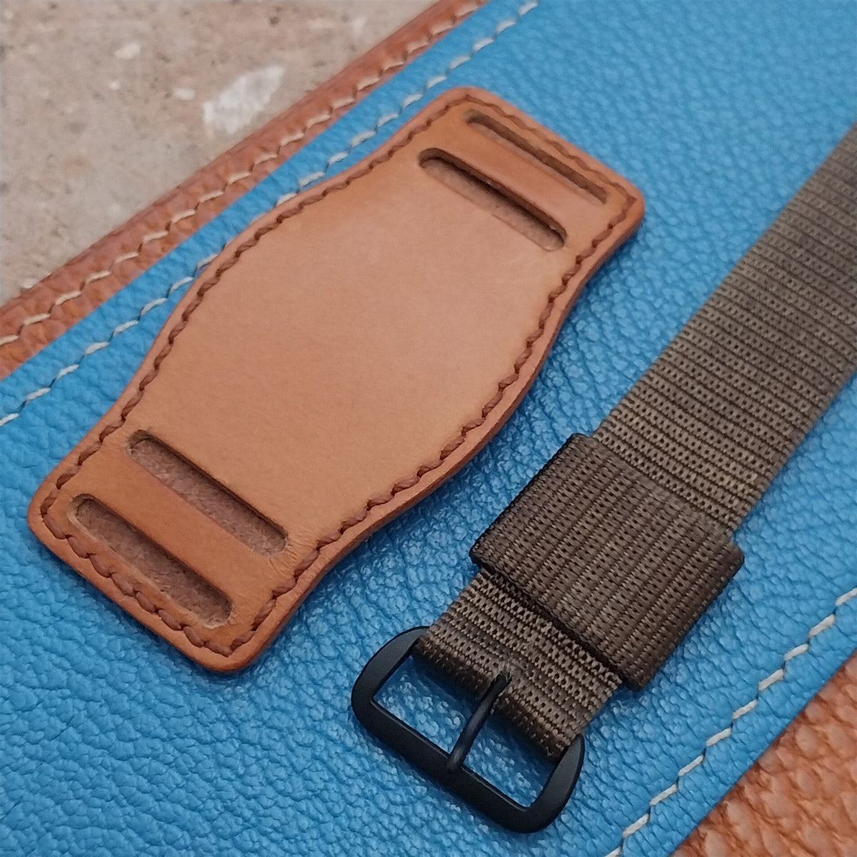 Vintage Style Leather Slip-Thru Pad & 16mm NOS USGI Nylon Watch Strap