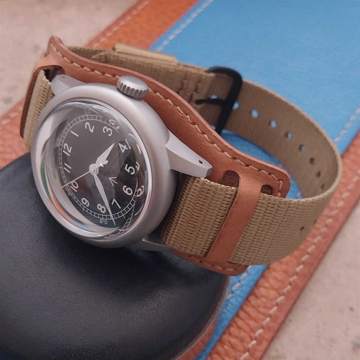 Vintage Style Leather Bund Pad & 18mm Maratac Nylon Watch Strap