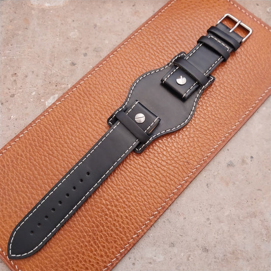 22mm Black Leather Bund Aviator Pilot Watch Strap